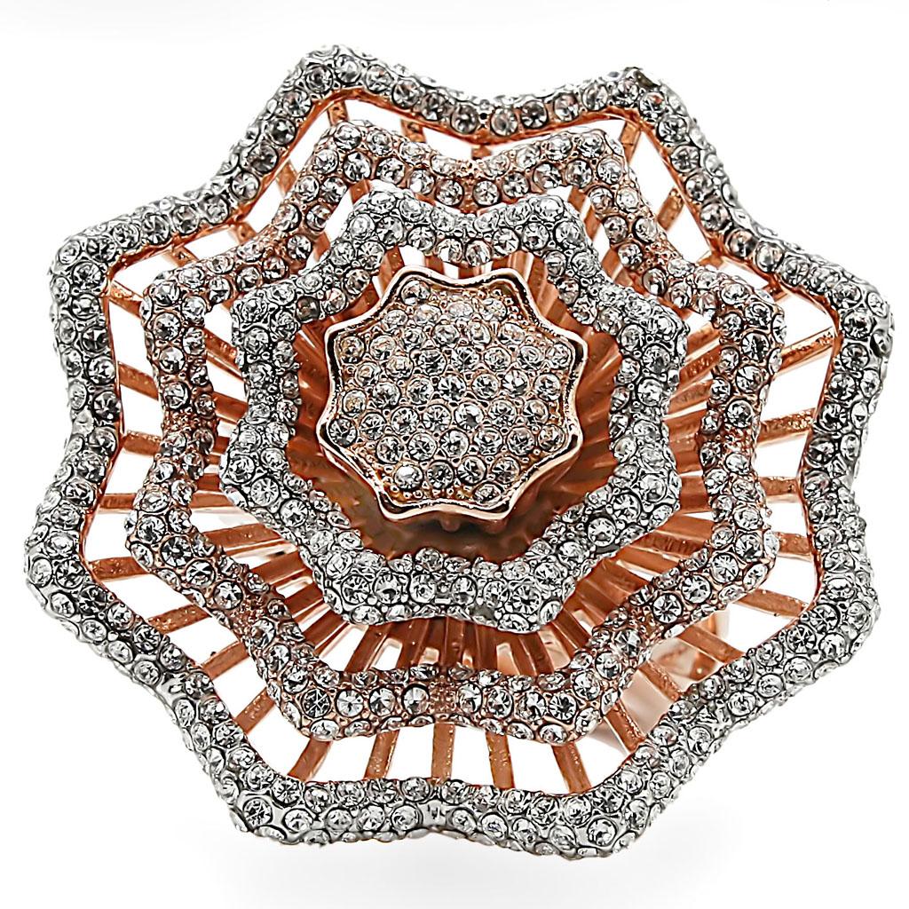 1W023 - Rose Gold + Rhodium Brass Ring with Top Grade Crystal in Clear