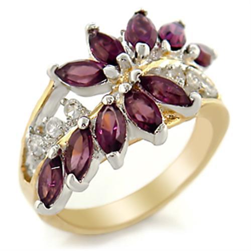 2W001 - Gold+Rhodium Brass Ring with Top Grade Crystal in Amethyst