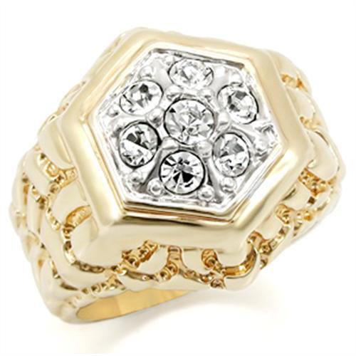 2W037 - Gold+Rhodium Brass Ring with Top Grade Crystal in Clear