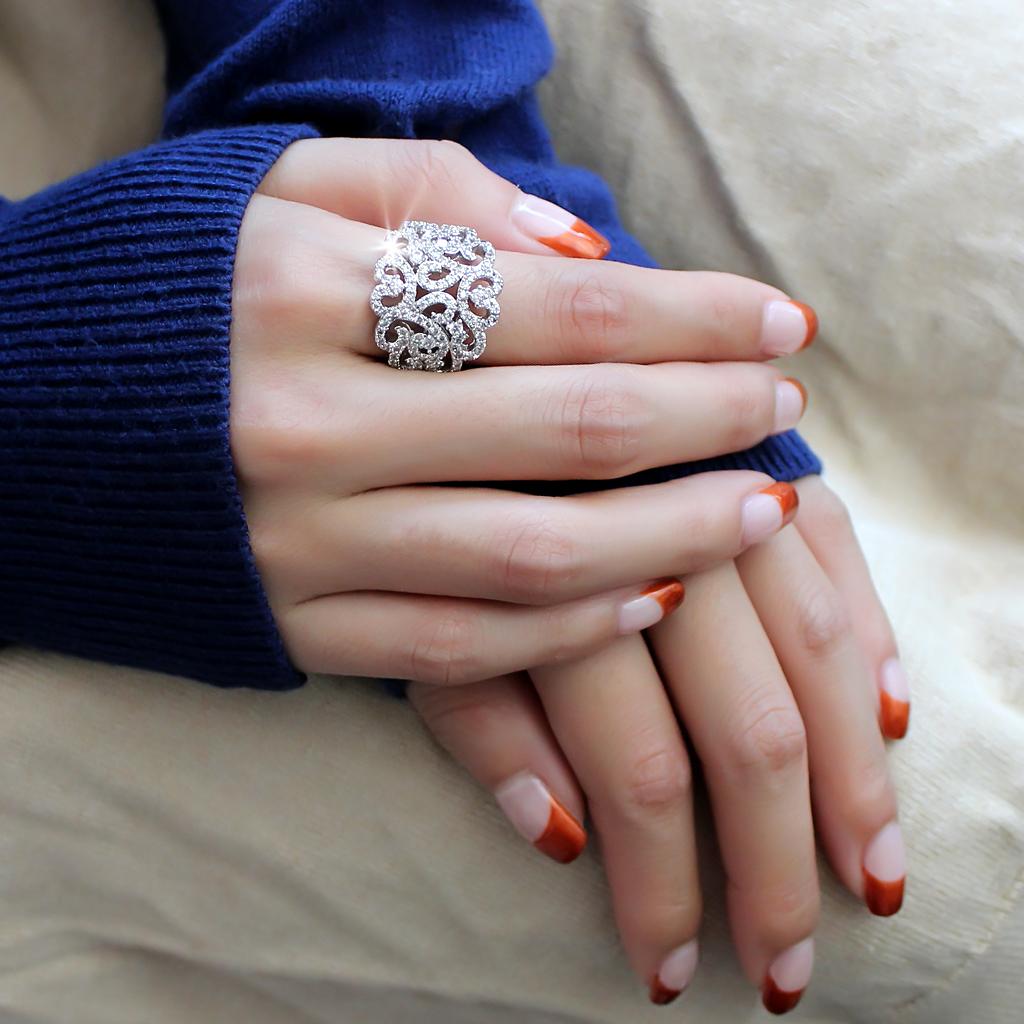 3W1439 - Rhodium Brass Ring with AAA Grade CZ in Clear