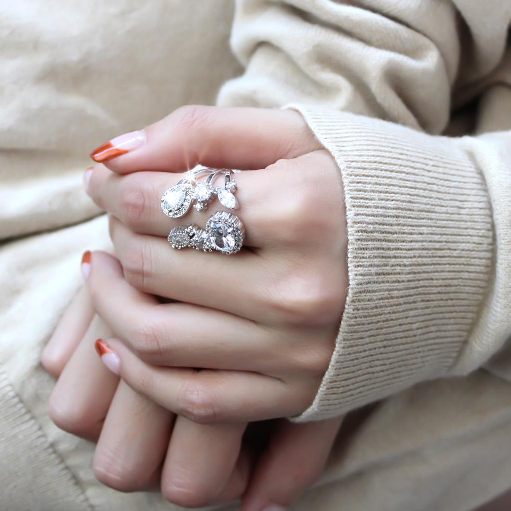3W1454 - Rhodium Brass Ring with AAA Grade CZ in Clear