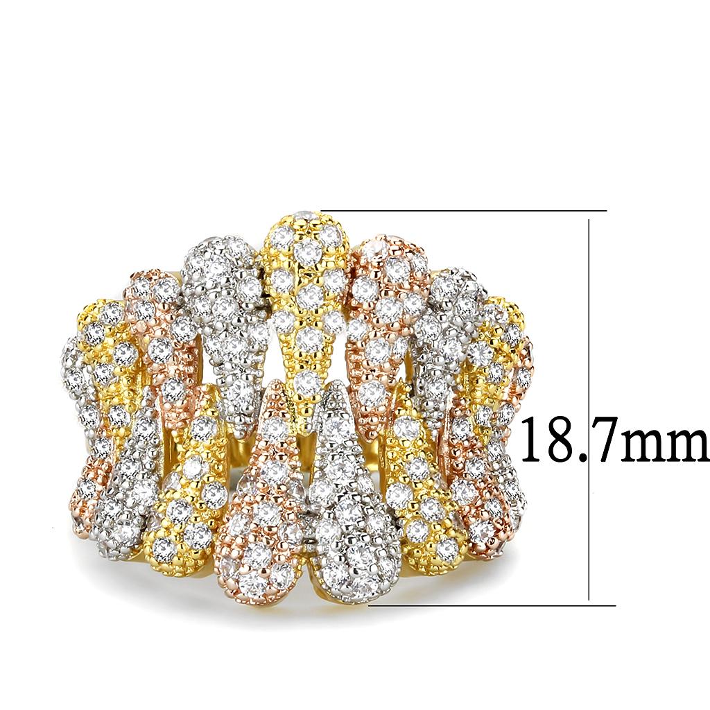 3W1462 - Tricolor Brass Ring with AAA Grade CZ in Clear