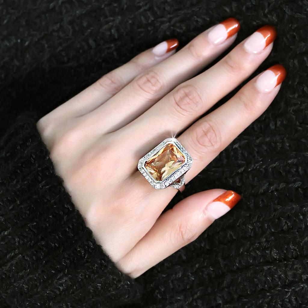 3W1471 - Rhodium Brass Ring with AAA Grade CZ in Champagne