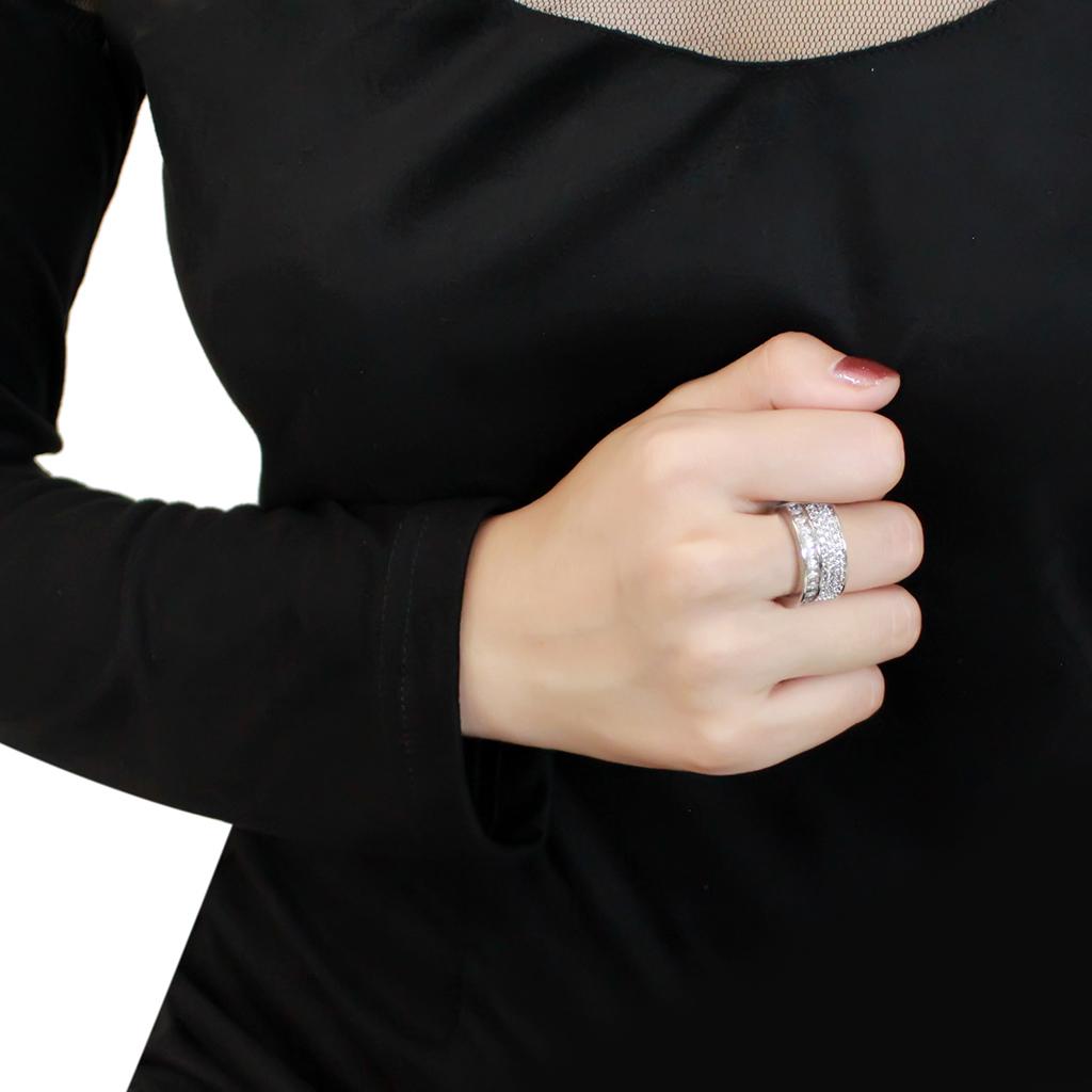 3W1520 - Rhodium Stainless Steel Ring with AAA Grade CZ in Clear