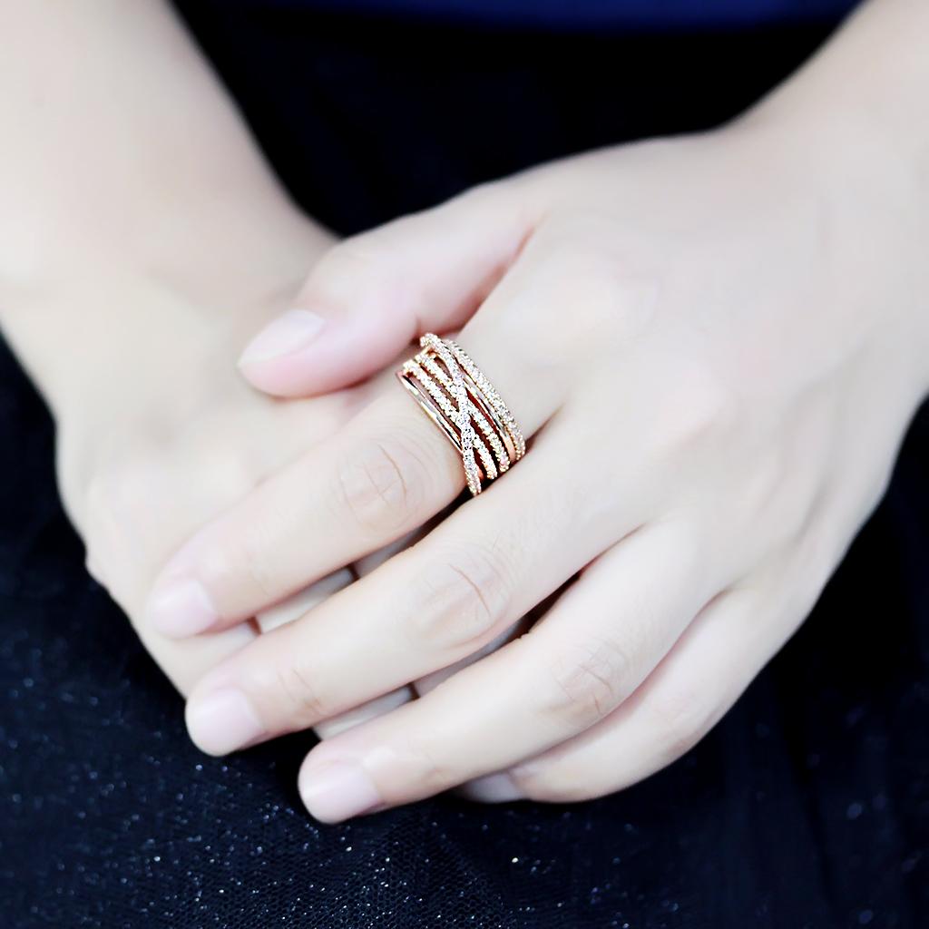 3W1586 - Rose Gold Brass Ring with AAA Grade CZ in Clear