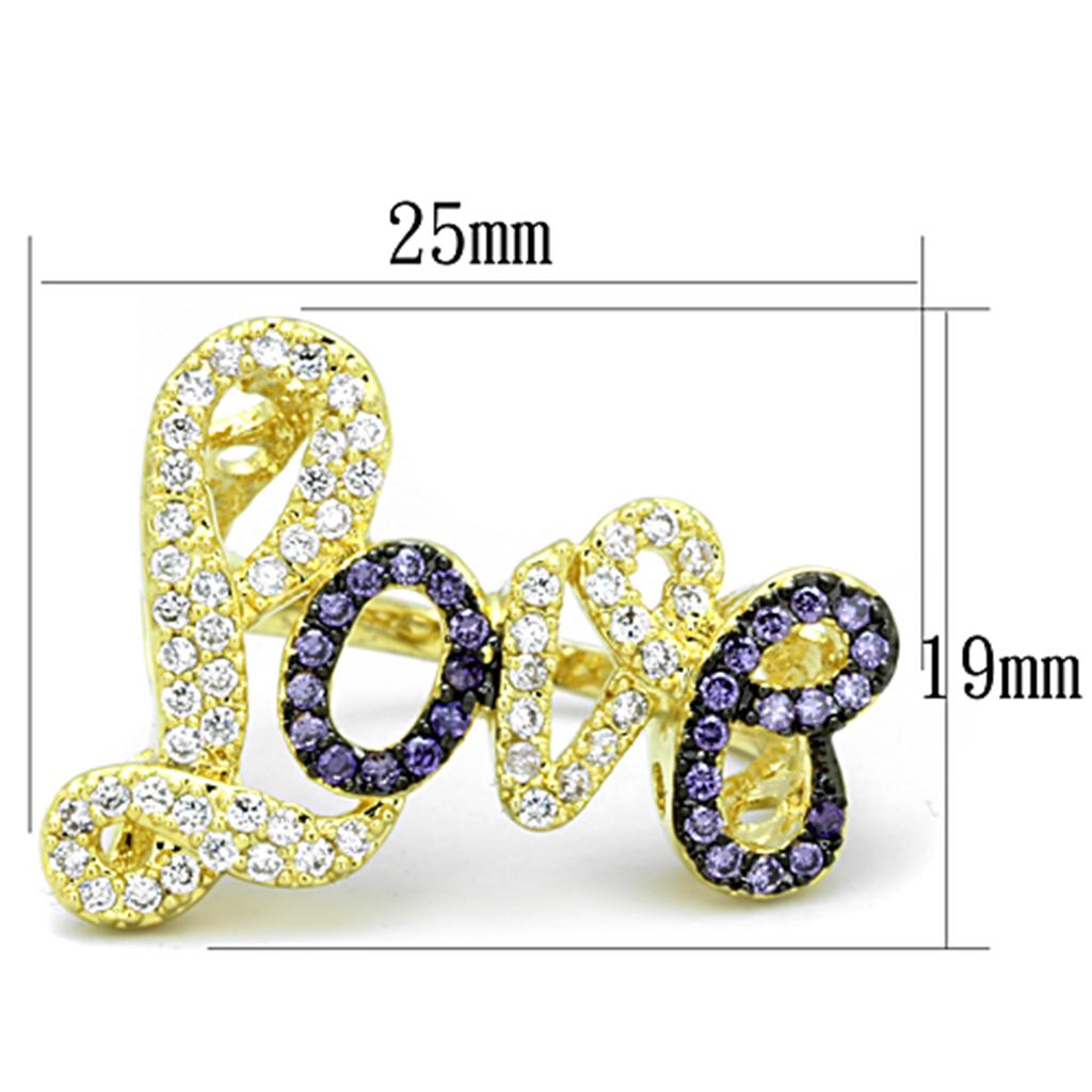 3W777 - Gold+Ruthenium Brass Ring with AAA Grade CZ in Amethyst
