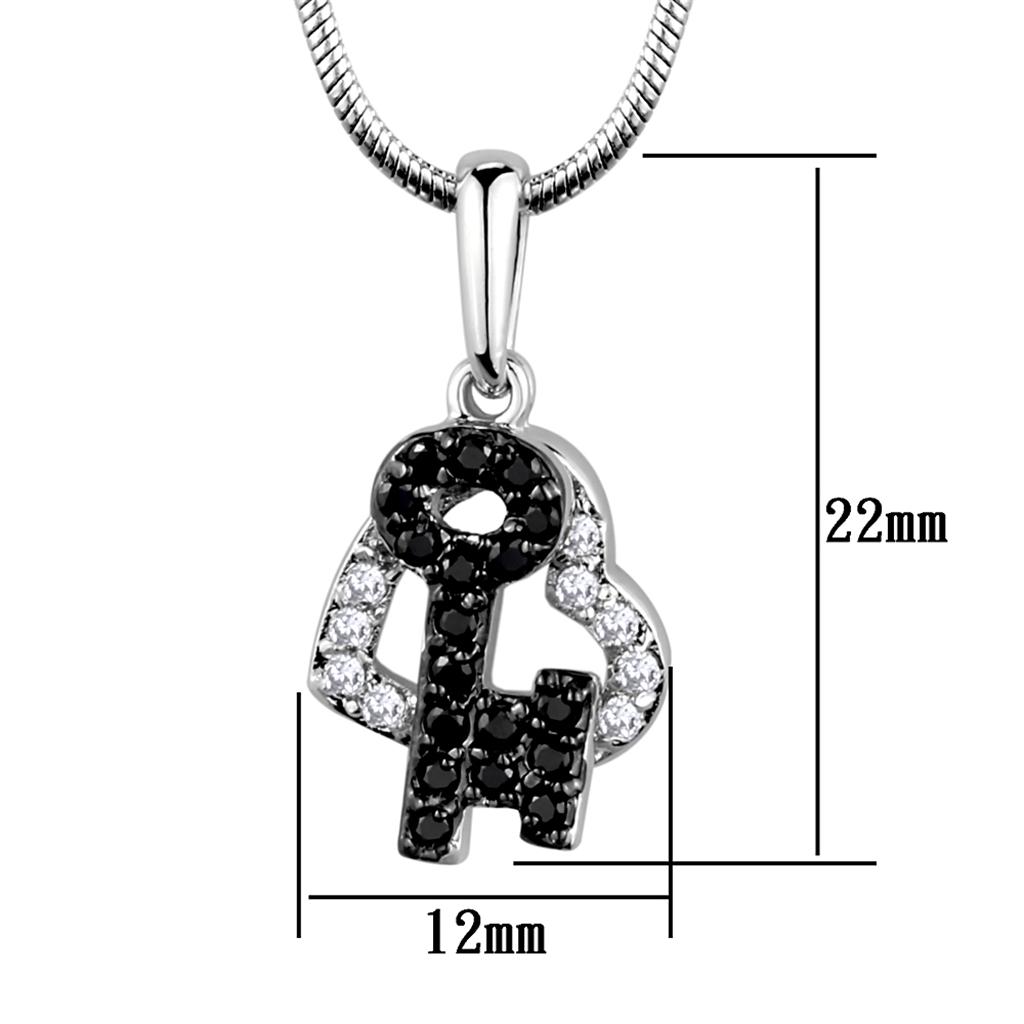 3W799 - Rhodium + Ruthenium Brass Chain Pendant with AAA Grade CZ in Black Diamond