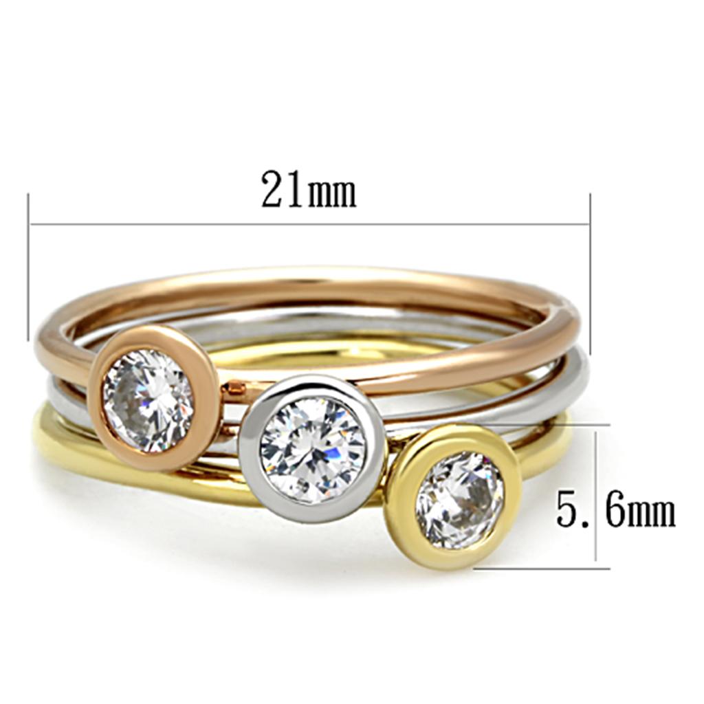 3W804 - Rhodium + Gold + Rose Gold Brass Ring with AAA Grade CZ in Clear