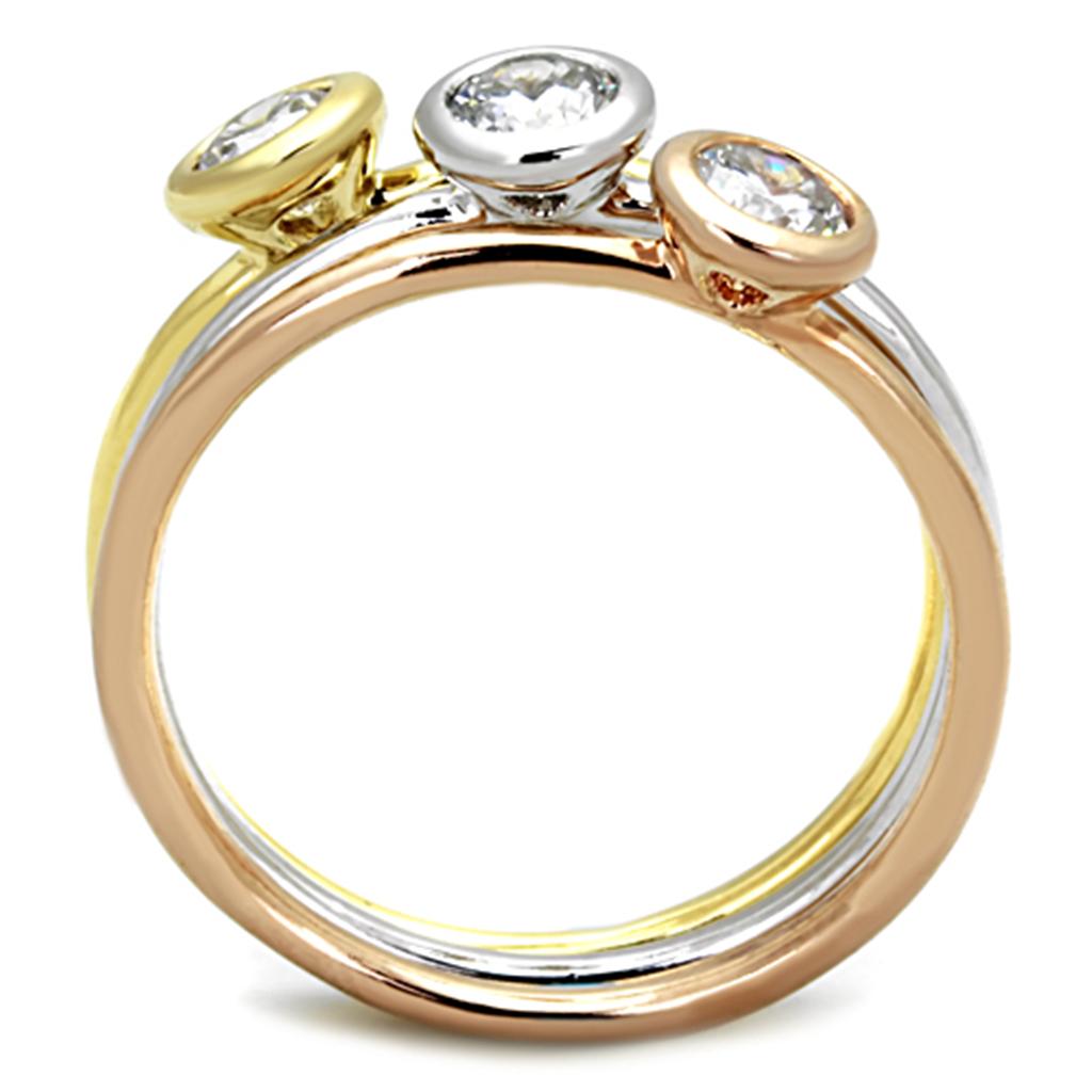 3W804 - Rhodium + Gold + Rose Gold Brass Ring with AAA Grade CZ in Clear
