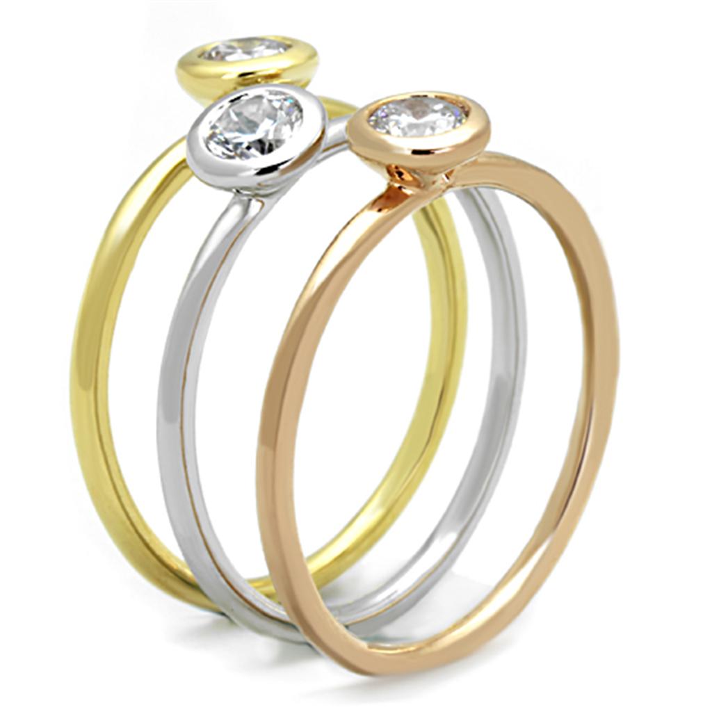 3W804 - Rhodium + Gold + Rose Gold Brass Ring with AAA Grade CZ in Clear