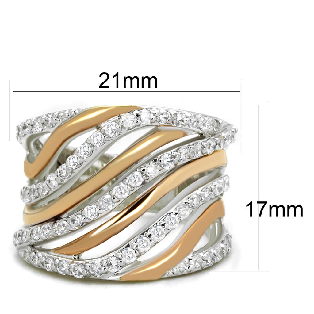 3W857 - Rose Gold + Rhodium Brass Ring with AAA Grade CZ in Clear