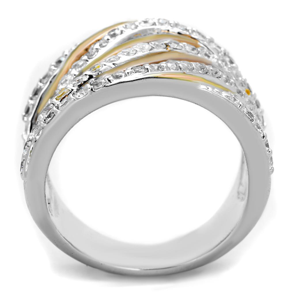 3W857 - Rose Gold + Rhodium Brass Ring with AAA Grade CZ in Clear