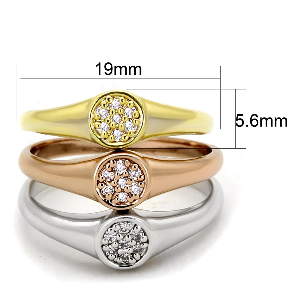 3W862 - Rhodium + Gold + Rose Gold Brass Ring with AAA Grade CZ in Clear
