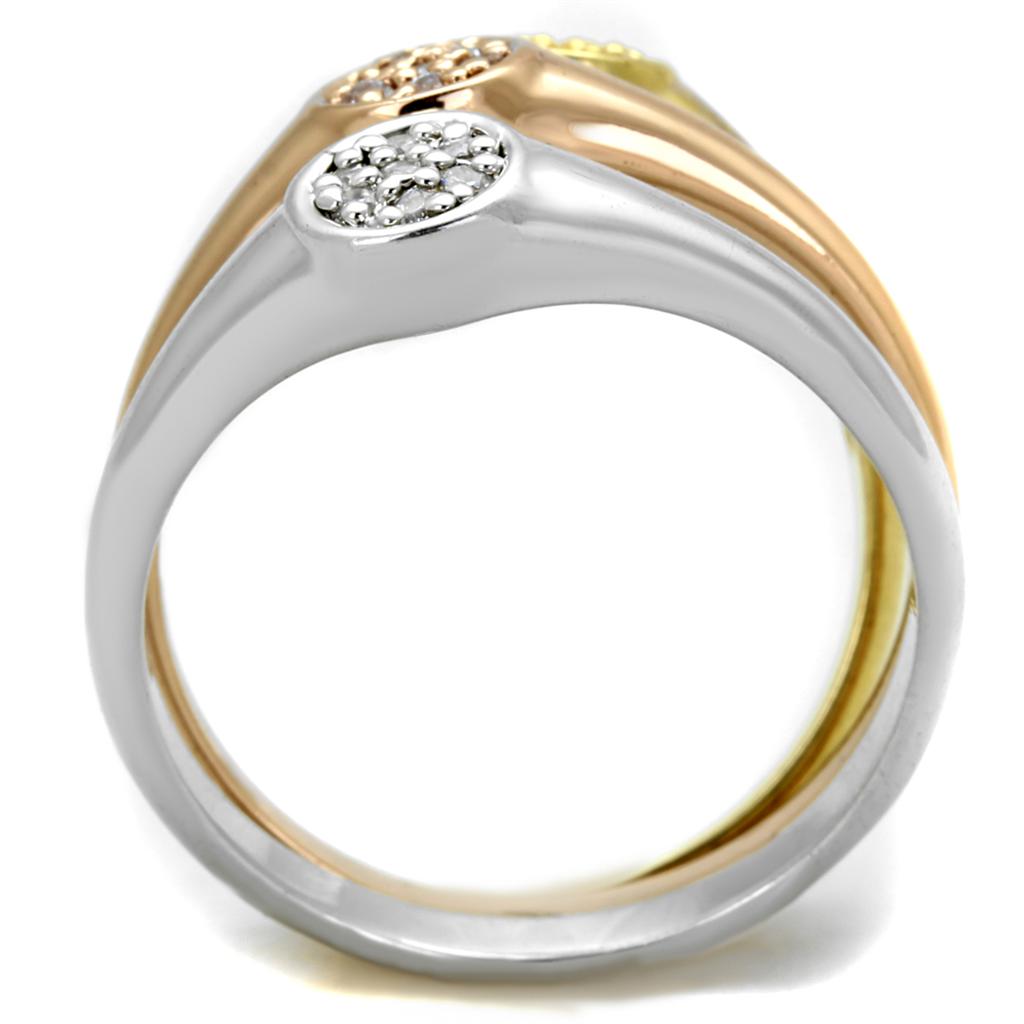 3W862 - Rhodium + Gold + Rose Gold Brass Ring with AAA Grade CZ in Clear