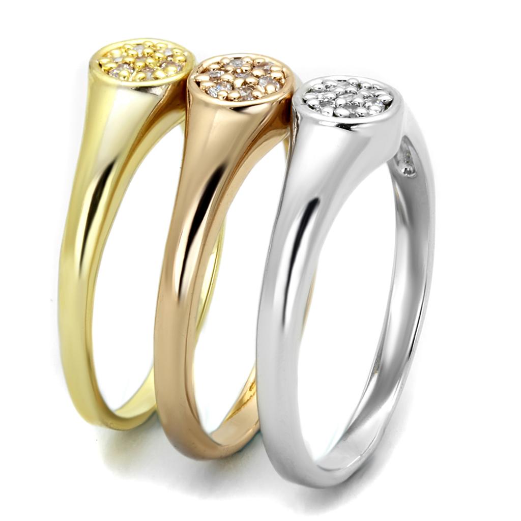 3W862 - Rhodium + Gold + Rose Gold Brass Ring with AAA Grade CZ in Clear