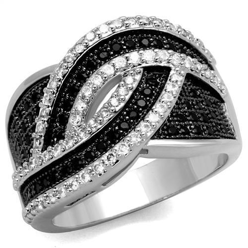 3W1090 - Rhodium + Ruthenium Brass Ring with AAA Grade CZ in Black Diamond