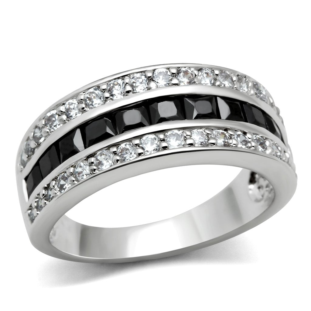 3W117 - Rhodium Brass Ring with AAA Grade CZ in Jet