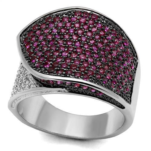 3W1217 - Rhodium + Ruthenium Brass Ring with AAA Grade CZ in Ruby