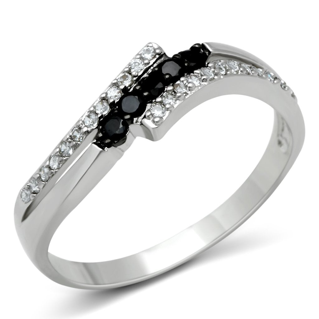 3W122 - Rhodium + Ruthenium Brass Ring with AAA Grade CZ in Jet