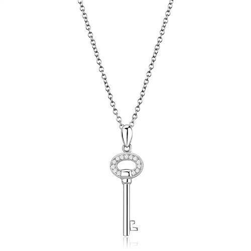 3W1379 - Rhodium 925 Sterling Silver Chain Pendant with AAA Grade CZ in Clear