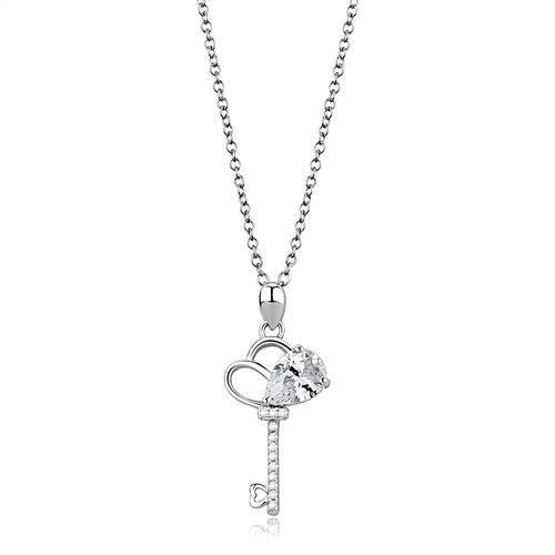 3W1380 - Rhodium 925 Sterling Silver Chain Pendant with AAA Grade CZ in Clear