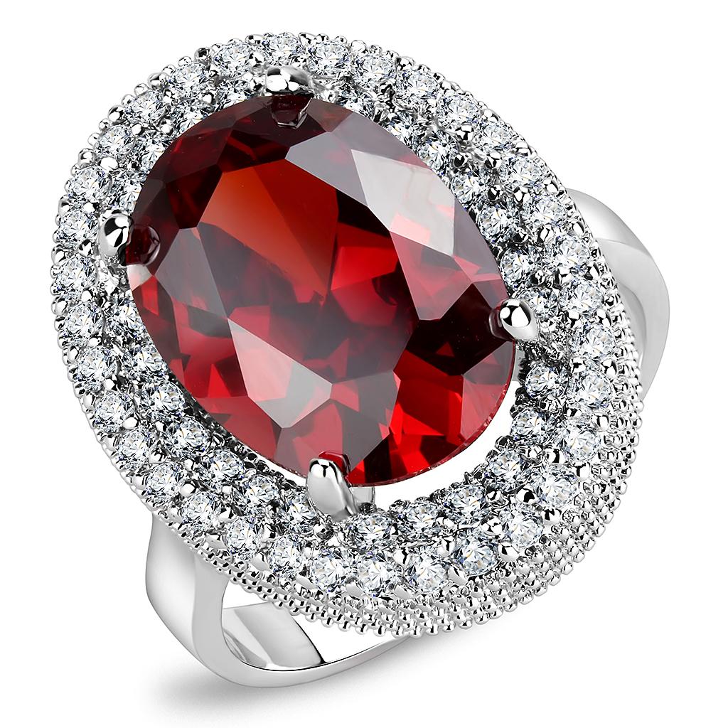 3W1455 - Rhodium Brass Ring with AAA Grade CZ in Garnet