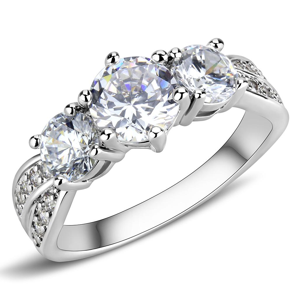 3W1456 - Rhodium Brass Ring with AAA Grade CZ in Clear