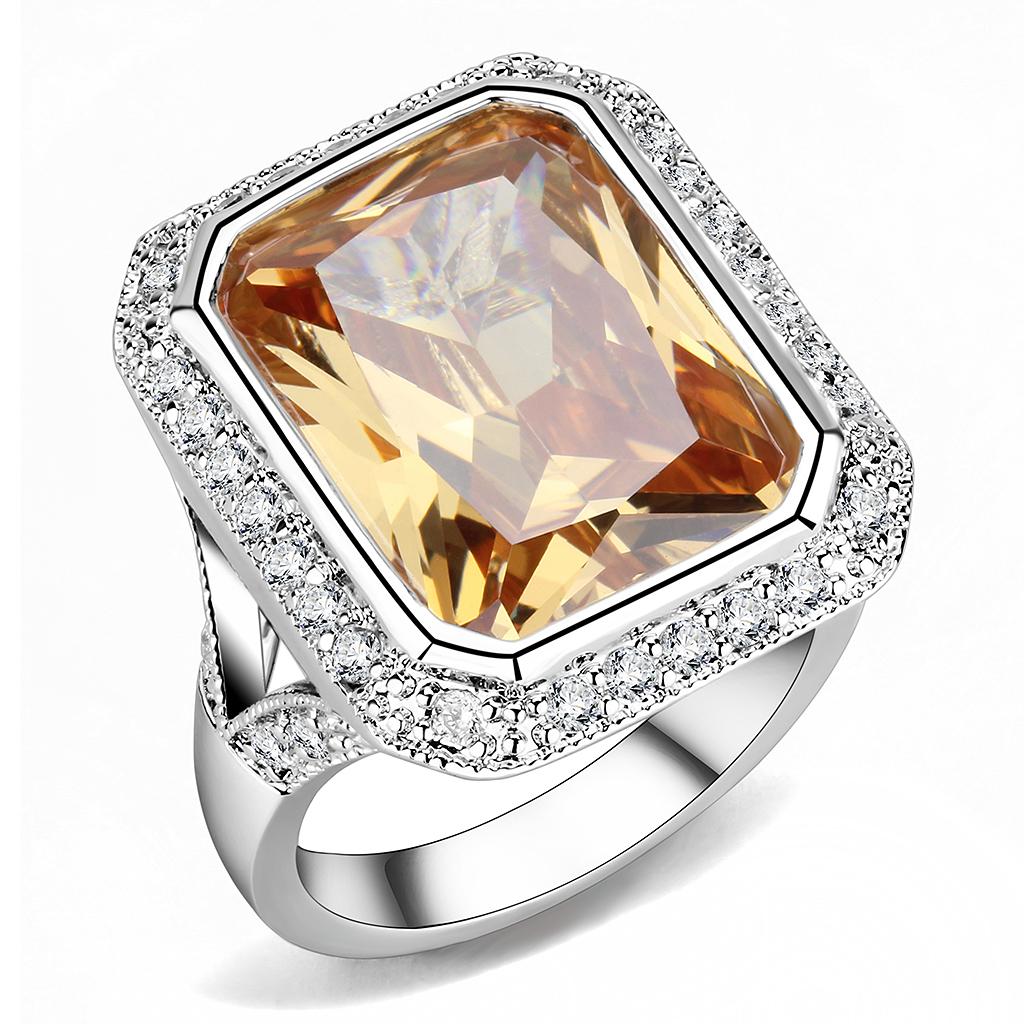 3W1471 - Rhodium Brass Ring with AAA Grade CZ in Champagne