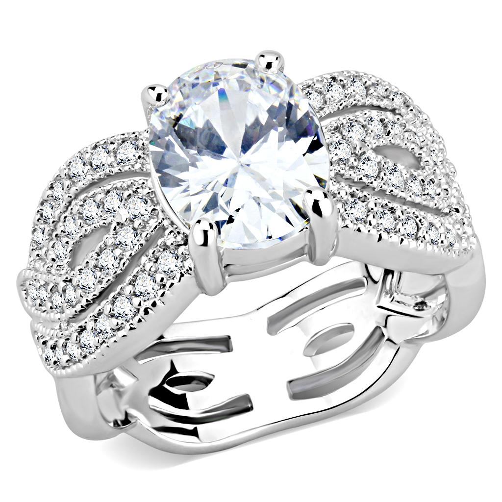 3W1517 - Rhodium Brass Ring with AAA Grade CZ in Clear