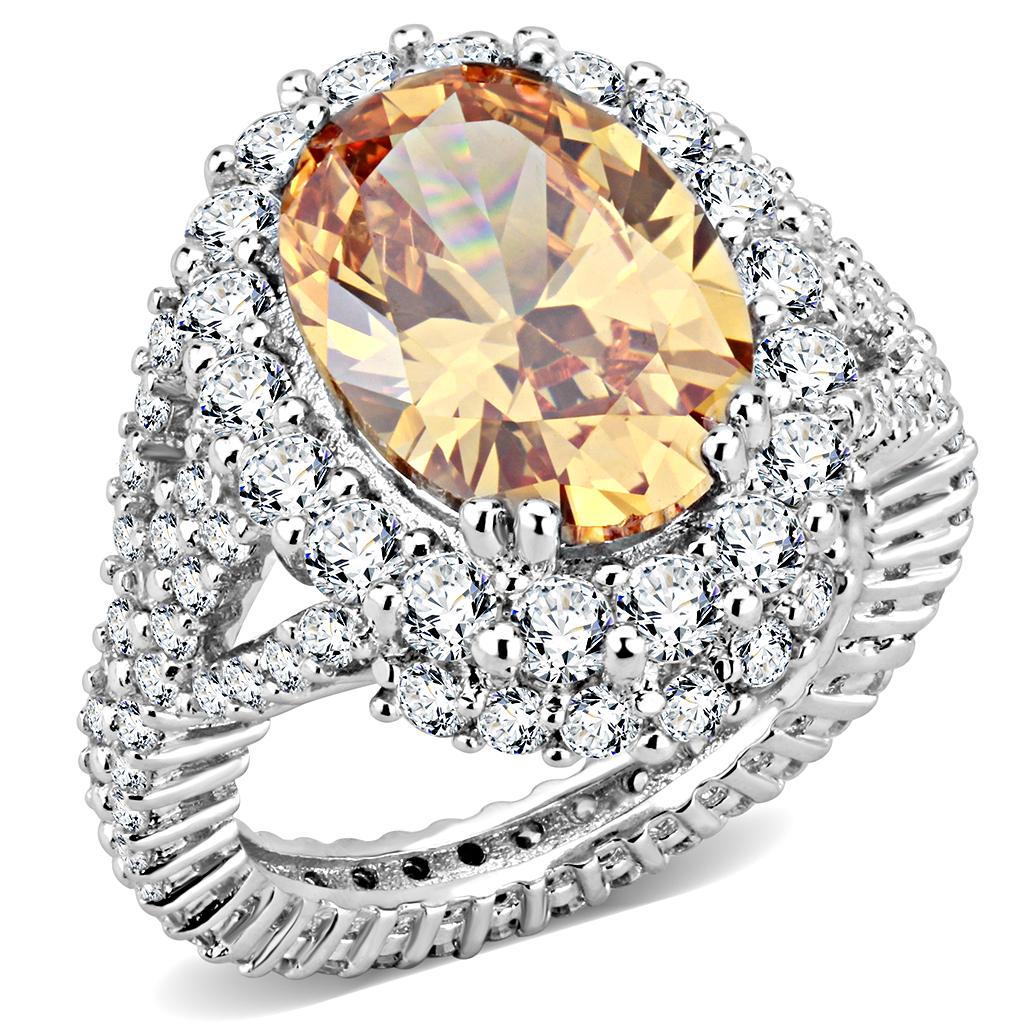 3W1523 - Rhodium Brass Ring with AAA Grade CZ in Champagne