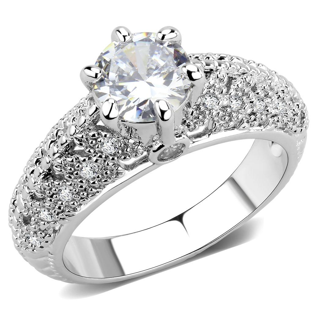3W1576 - Rhodium Brass Ring with AAA Grade CZ in Clear
