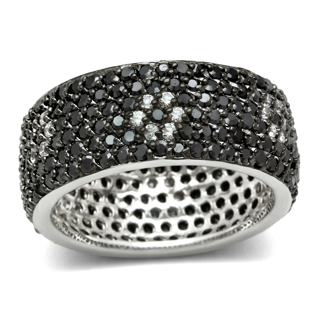 3W158 - Rhodium + Ruthenium Brass Ring with AAA Grade CZ in Jet