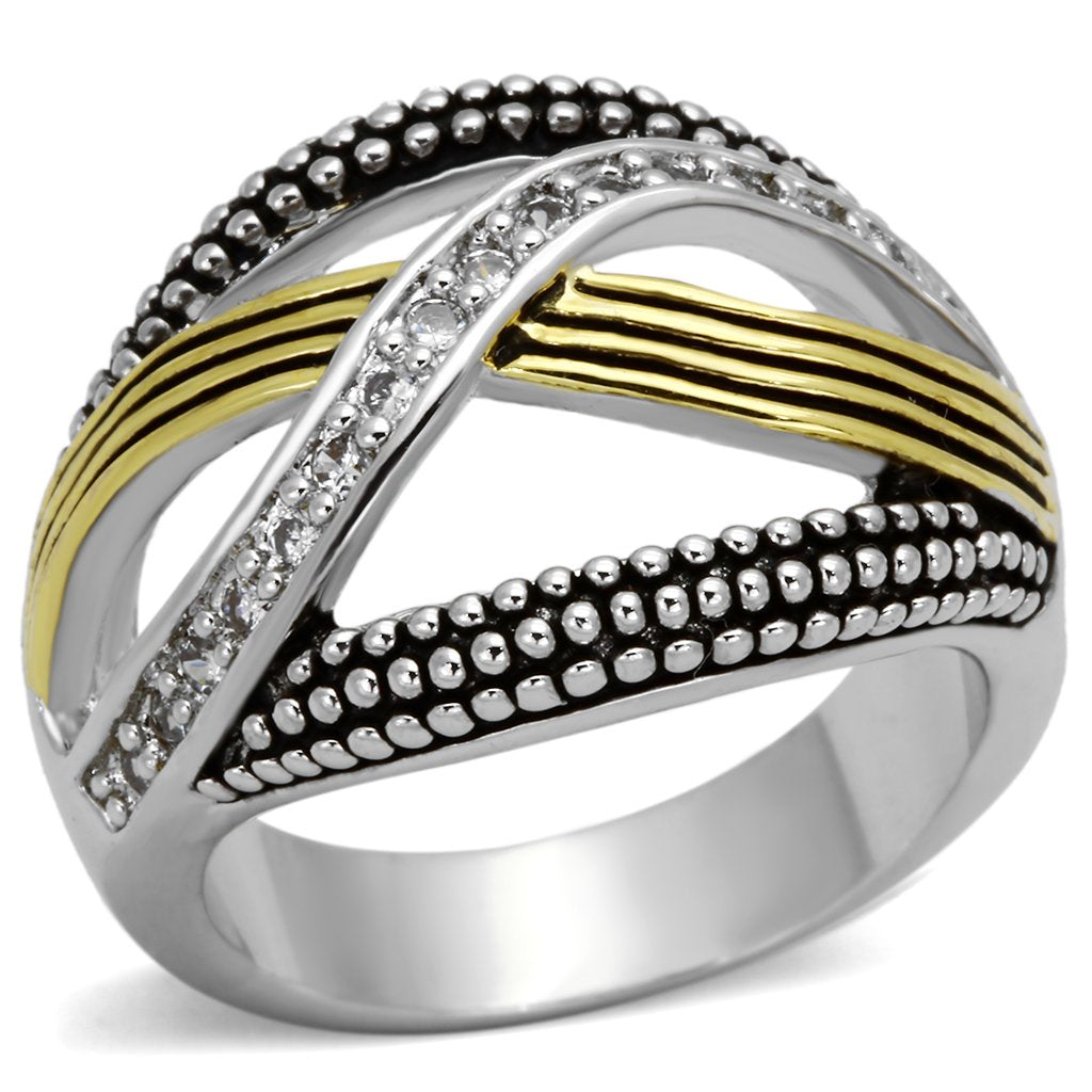 3W305 - Reverse Two-Tone Brass Ring with AAA Grade CZ in Clear