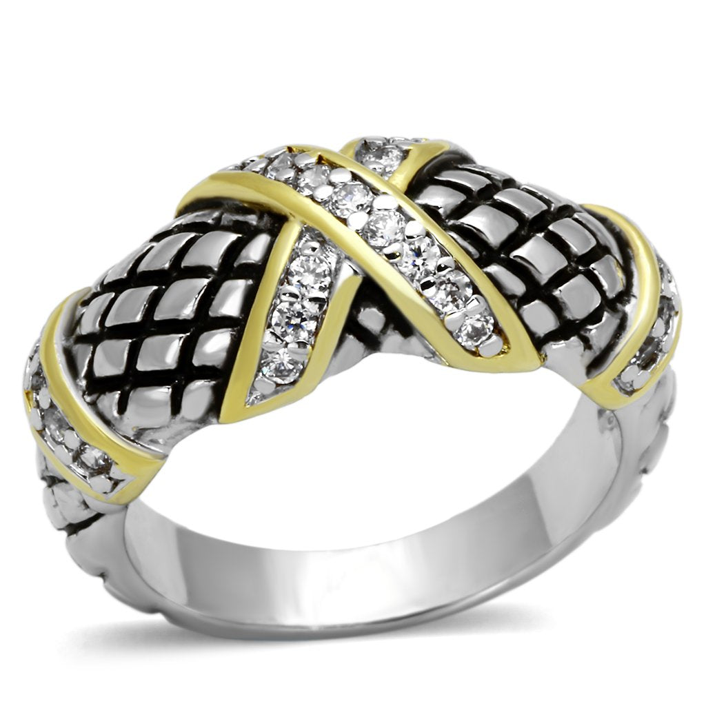 3W314 - Reverse Two-Tone Brass Ring with AAA Grade CZ in Clear