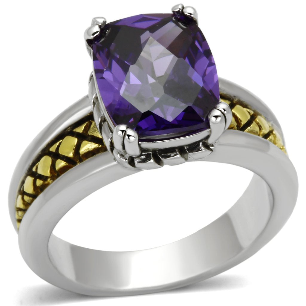 3W331 - Reverse Two-Tone Brass Ring with AAA Grade CZ in Amethyst