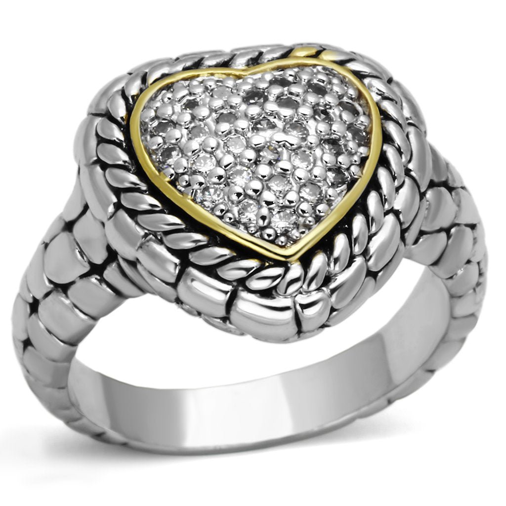 3W333 - Reverse Two-Tone Brass Ring with AAA Grade CZ in Clear