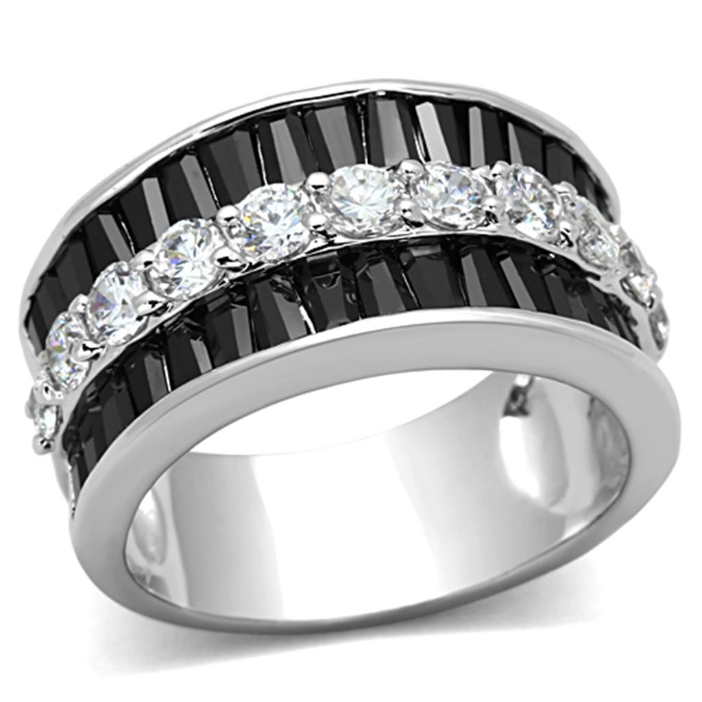 3W513 - Rhodium Brass Ring with AAA Grade CZ in Black Diamond