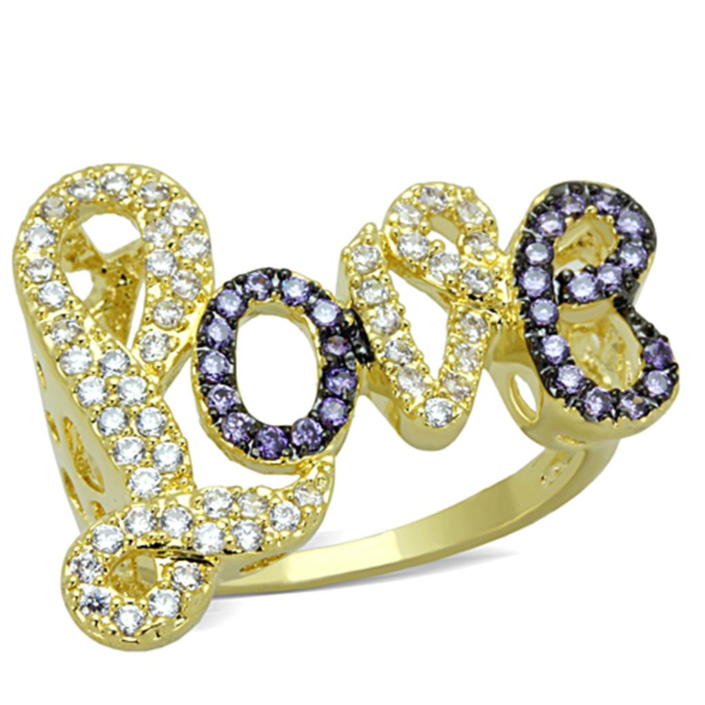 3W777 - Gold+Ruthenium Brass Ring with AAA Grade CZ in Amethyst