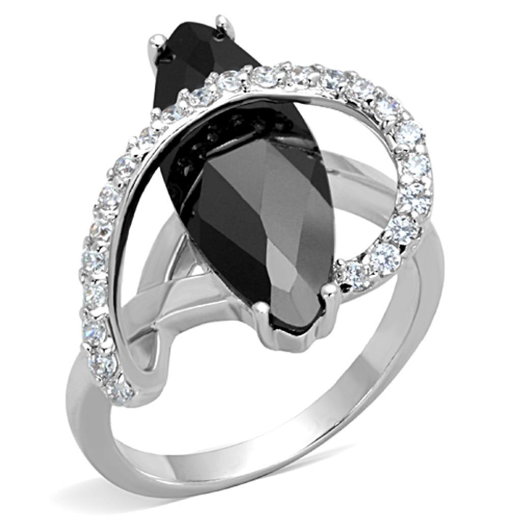 3W800 - Rhodium Brass Ring with AAA Grade CZ in Jet