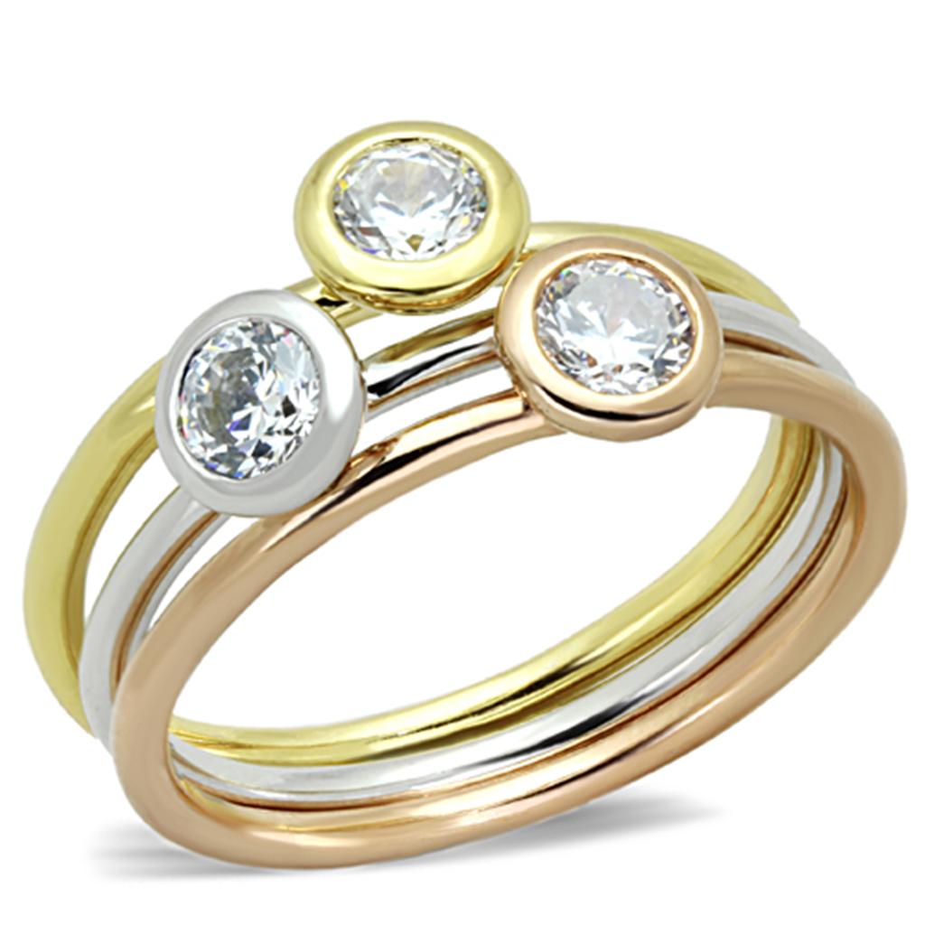 3W804 - Rhodium + Gold + Rose Gold Brass Ring with AAA Grade CZ in Clear