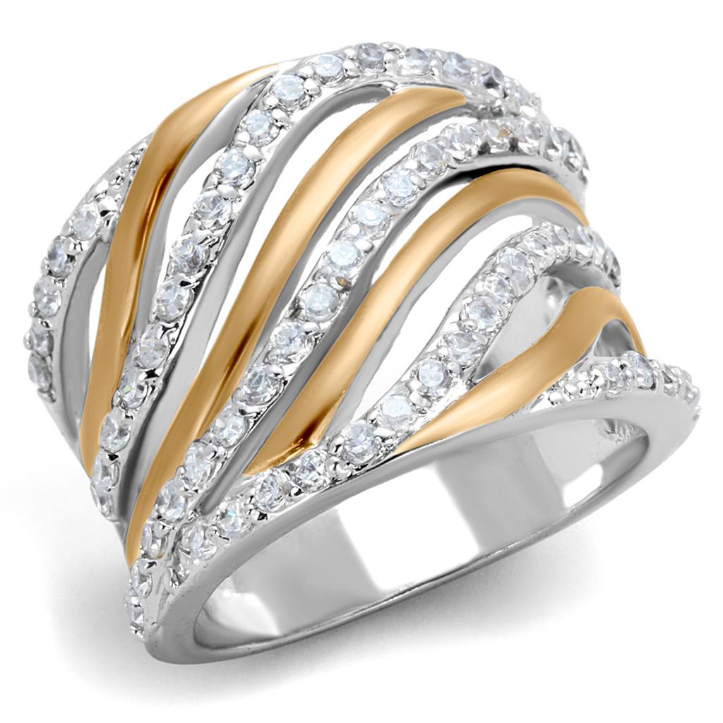 3W857 - Rose Gold + Rhodium Brass Ring with AAA Grade CZ in Clear
