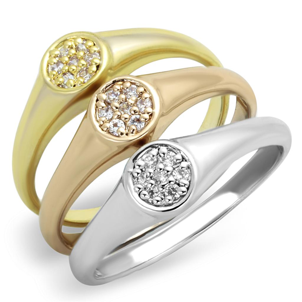 3W862 - Rhodium + Gold + Rose Gold Brass Ring with AAA Grade CZ in Clear