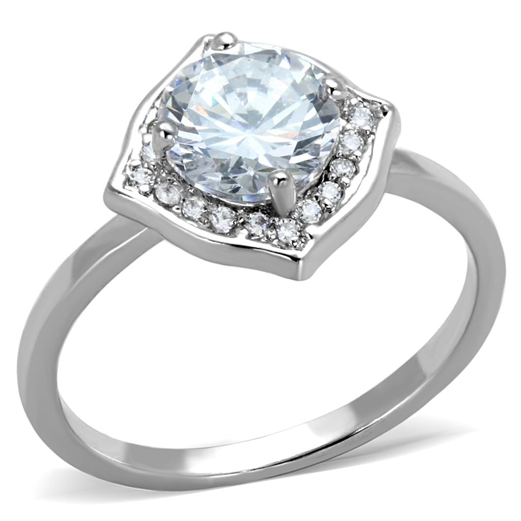 3W877 - Rhodium Brass Ring with AAA Grade CZ in Clear