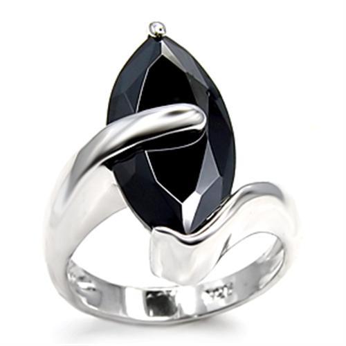 6X517 - Rhodium 925 Sterling Silver Ring with AAA Grade CZ in Jet