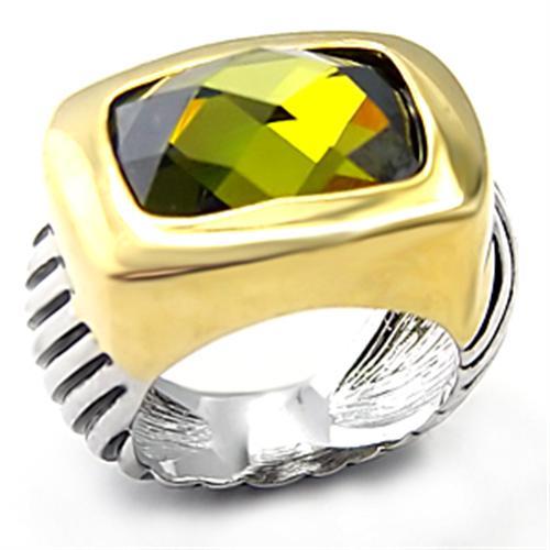 7X127 - Reverse Two-Tone Brass Ring with AAA Grade CZ in Olivine color