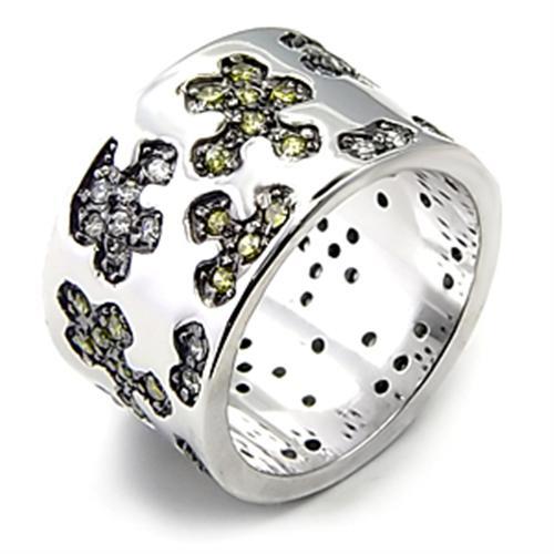 7X229 - Rhodium + Ruthenium 925 Sterling Silver Ring with AAA Grade CZ in Olivine color
