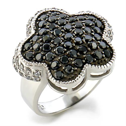 9W099 - Rhodium + Ruthenium Brass Ring with AAA Grade CZ in Jet