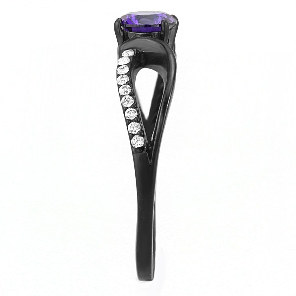 DA003 - IP Black(Ion Plating) Stainless Steel Ring with AAA Grade CZ in Amethyst