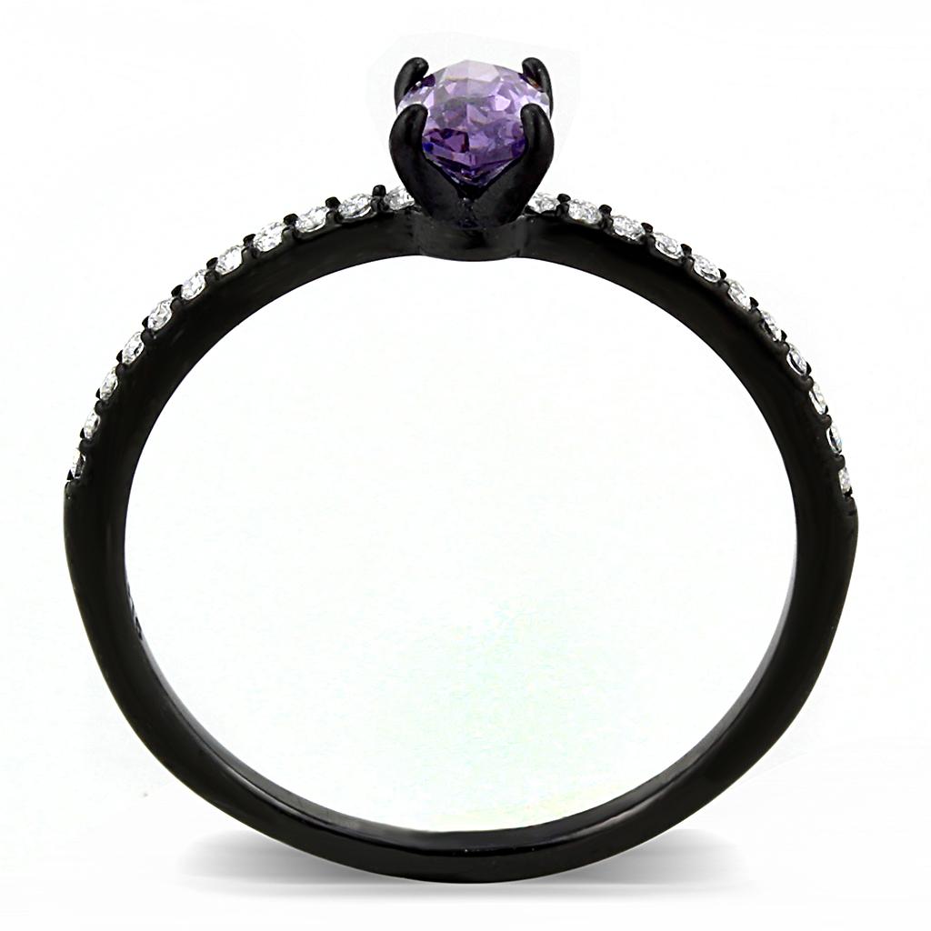 DA032 - IP Black(Ion Plating) Stainless Steel Ring with AAA Grade CZ in Amethyst