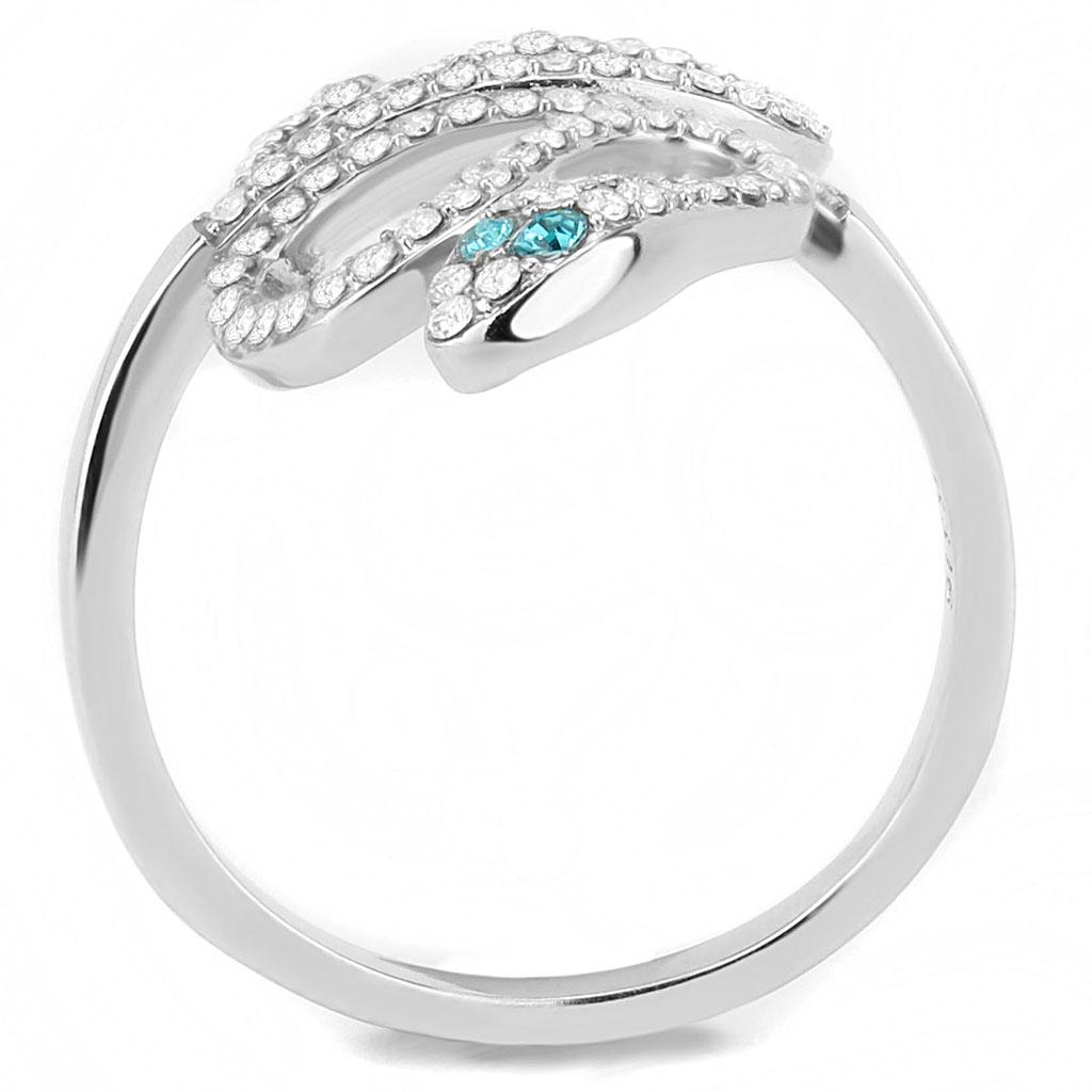 DA051 - High polished (no plating) Stainless Steel Ring with Top Grade Crystal in Blue Zircon